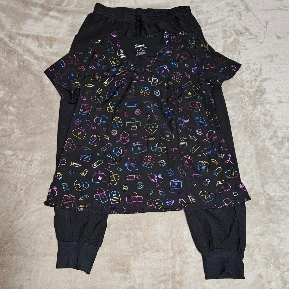 Womens Scrub Set Rainbow Foil Black Top Large and Black Jogger XL
